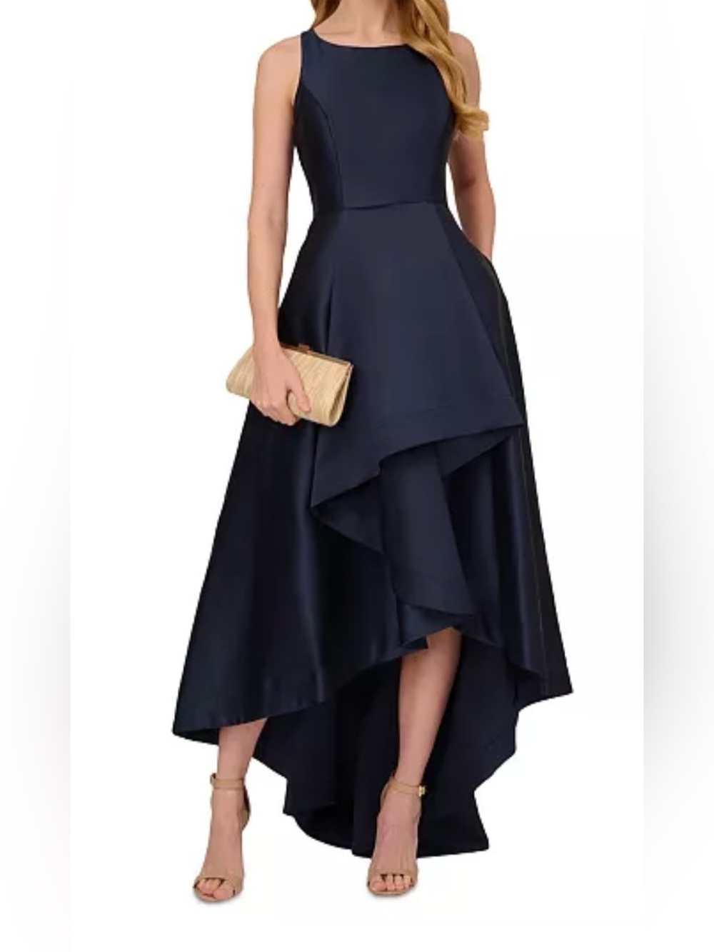 The Adrianna Papell Women's Navy Solid Scoop Neck Sleeveless Hi-Low A-Line Dress